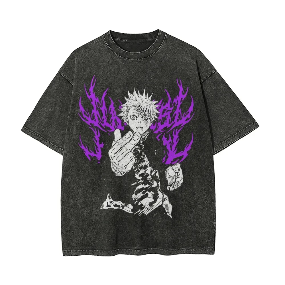 Satoru Gojo Lila Flammen T-Shirt Jujutsu Kaisen Tee Vintage Washed Übergroßes Retro Anime Harajuku Streetwear Manga Herrenbekleidung