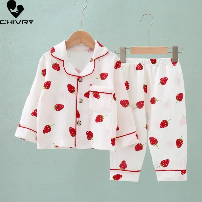 Kids Summer Thin Pajamas Sets New 2023 Boys Girls Cotton Linen Cartoon Long Sleeve Lapel Shirt Tops with Pants Baby Home Wear