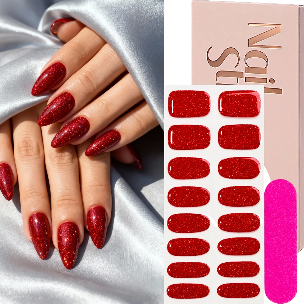 16 Tips Semi-uitgeharde Gel Nagelstickers Glanzende Glitter Rood Zwart Roze Goud UV Gel Decals met Nagelvijl Langdurige Volledige Nagelstrips