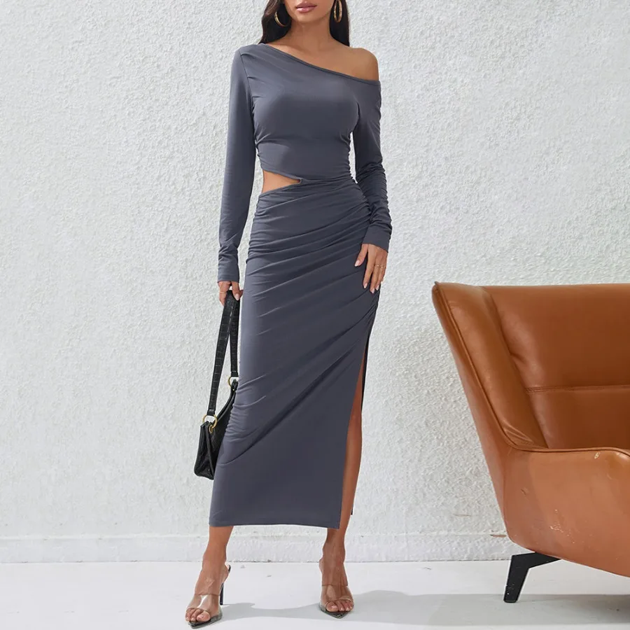 

【New style】Women's 2026 autumn and winter new slim sexy hollow open forked bag hips long party dress