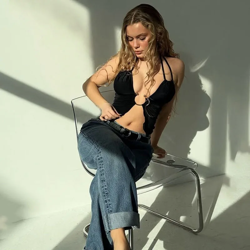 

Lady Hotsweet Halter Split Hollow Out Crop Tops Tanks Camis Female Ins Y2K Chic Vest Women Party Festival Nightclub Holiday Tops