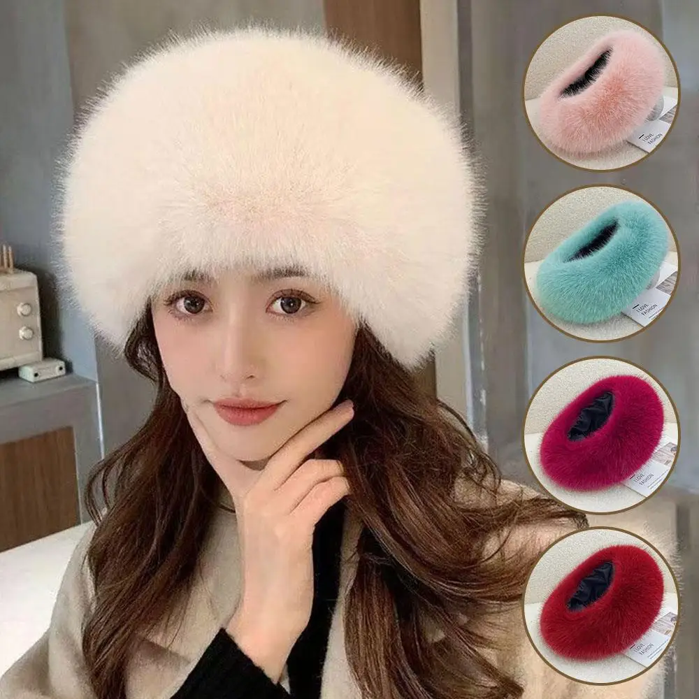 

Winter Travel Warm Brimless Hat Faux Fur Ear Warmer Adjustable Beanies Thick Imitation Fox Fur Hat Solid Color Plush Headband