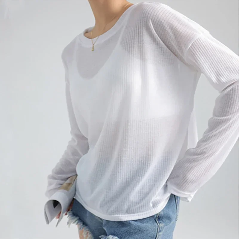 

Women Casual Loose T-shirt See-though Long Sleeve Knit Pullover Top O-Neck Basic Solid Summer Thin Tees Beach Shirt Fashion New