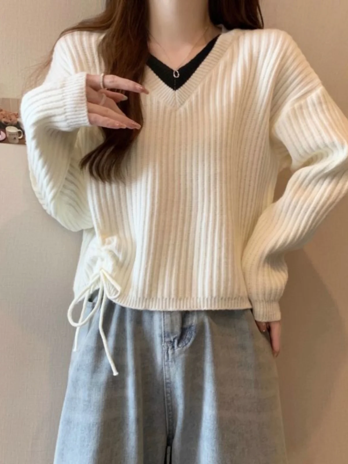 Women's V-Ne Knitted Sweater ort Loose Fit Spring Faion Korean Sle Dstring Top Slimming Design Casual Wear