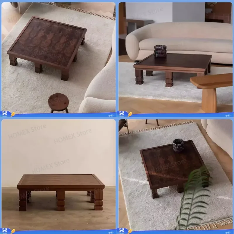 Retro Wabi Sabi Solid Wood Coffee Table Natural Bark Edge Living Room Side Table Set Luxury Designer Small Round Tea Table