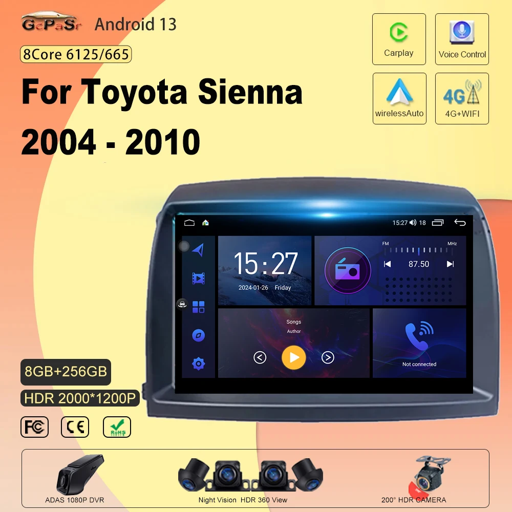 

For Toyota Sienna 2004 - 2010 Car Radio Player Android 13 Car GPS Autoradio head unit multimedia player No 2din DVD 5G Wifi BT