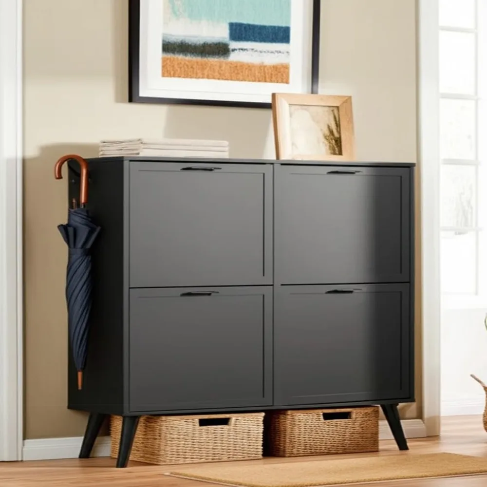 

Large 4 Tier Shoe Cabinet for Shoe Size 16, Freestanding Wooden Shoe Organizer with Flip-Up Doors, Space-Saving, Customized