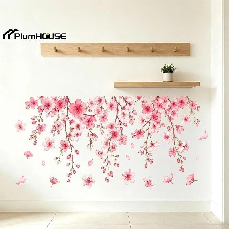 Pink Cherry Blossom Wall Stickers Self Adhesive Waterproof Perfect For Living Room Bedroom Home Decor