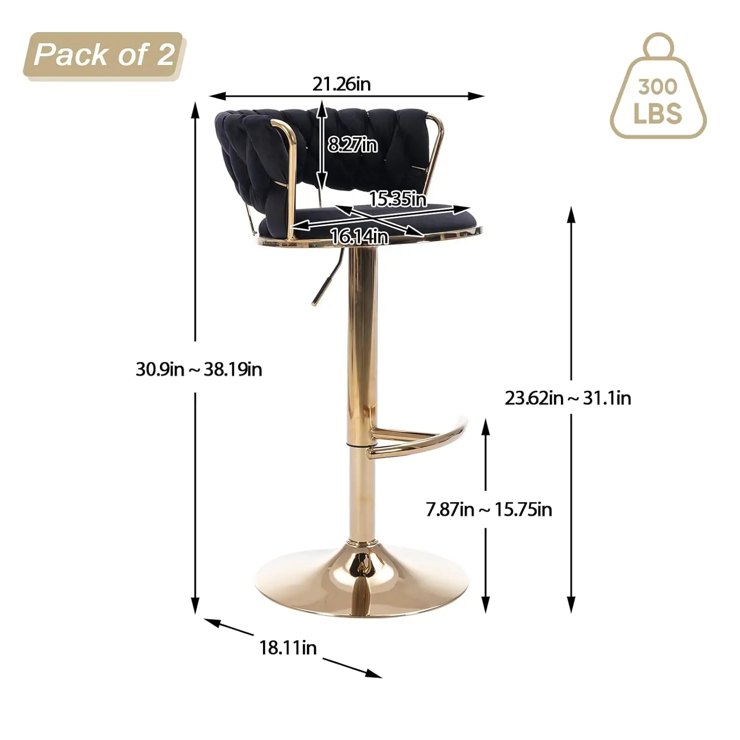 Velvet Swivel Bar Stools Set of 2 Adjustable Counter Height Woven Back Kitchen Dining Chairs, Customized