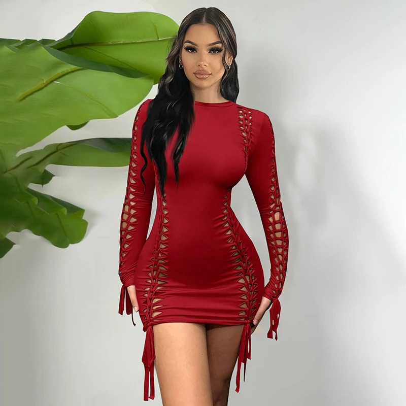 CUTENOVA 2024 Spring Long Sleeve Solid Color Mini Dress Weave Hole Sexy Ribbon Dress