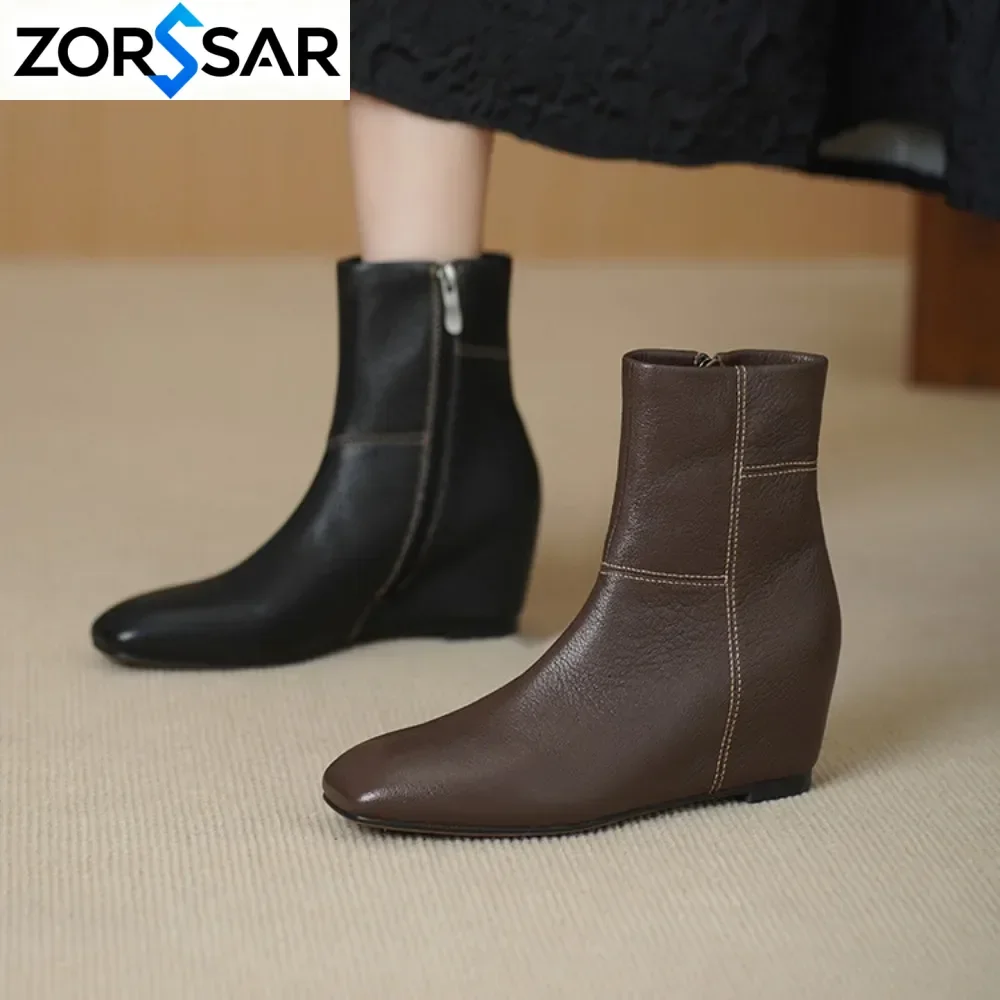 Women Genuine Leather Short Boots Square Toe Wedges Internal Increase Handmade Retro Street Style Winter Warm Flats Ankle Boots