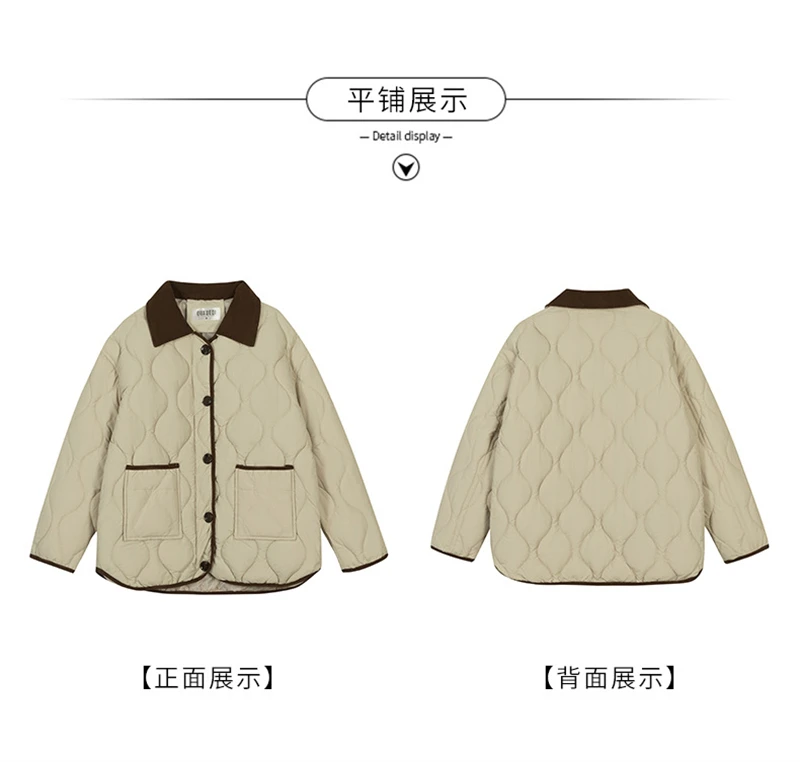 Autumn Down Cotton Padded Jacket Women's 2025 Contrast Lapel Rhombic Thin Short Loose Spring Cotton Padded Casual Coats Female