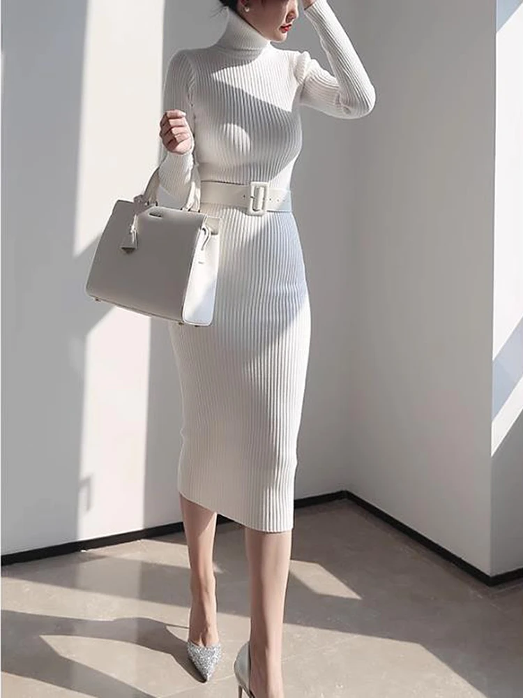 

Autumn Winter Sweater Dress Women Turtleneck Long Sleeve White Black Knitted Sheath Long Dress With Belt Elegant Vestidos