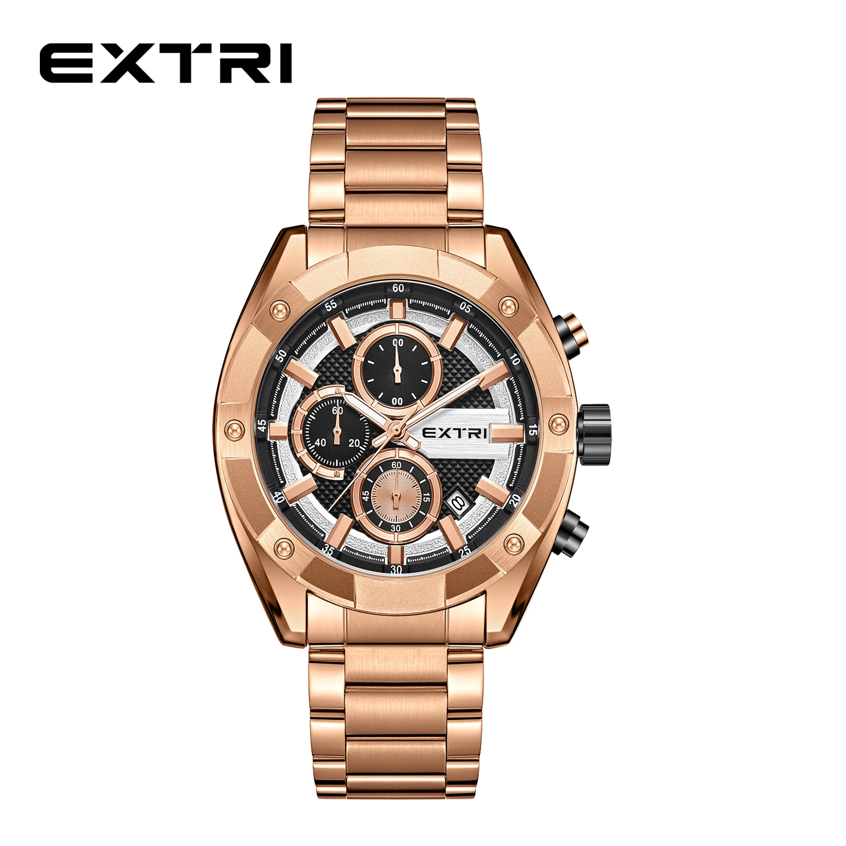 Extri Luxury Men Watch Quartz Waterproof Luminous Top Brand Watch for Men Date Chronograph Sport Wristwatch All Rose gold