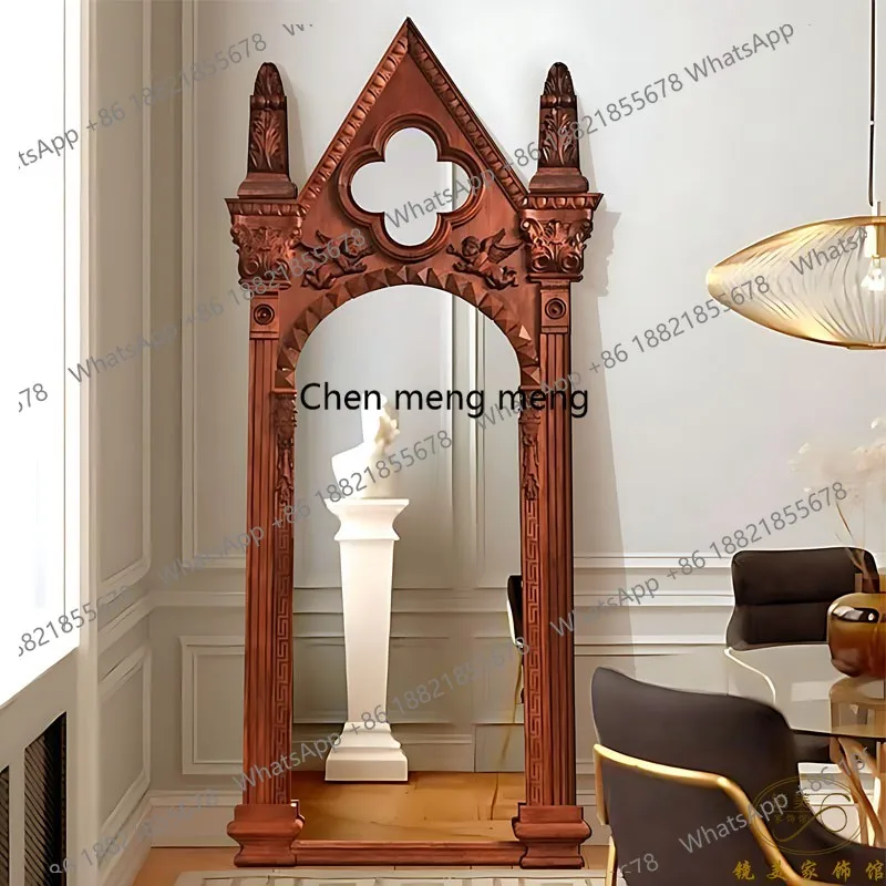 

French wood carving custom full-body mirror American villa luxury floor-to-ceiling dressing mirror Chinese antique style