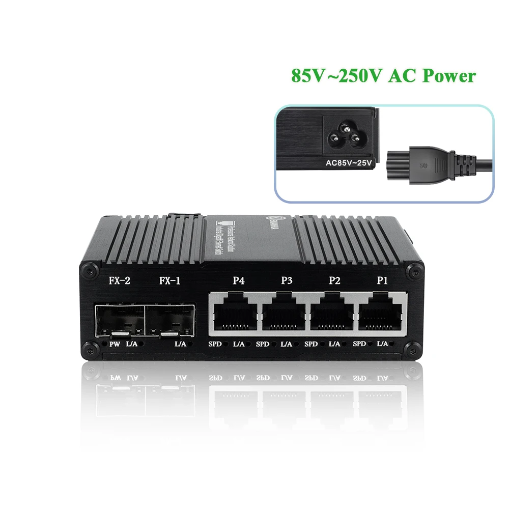 

Mini Industrial 4 Ports Gigabit Ethernet Switch with 2 SFP,4 RJ45 + 2 SFP DIN Fiber Network Switch,10/100/1000Mbps,85~250V AC