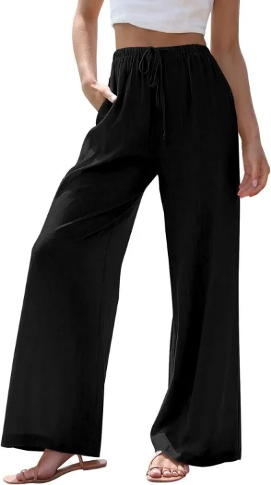 Pantalon surdimensionné pour femmes, décontracté, blanc, haute élasticité, Baggy avec cordon de serrage, Streetwear, couleur unie, coton et lin, jambes larges