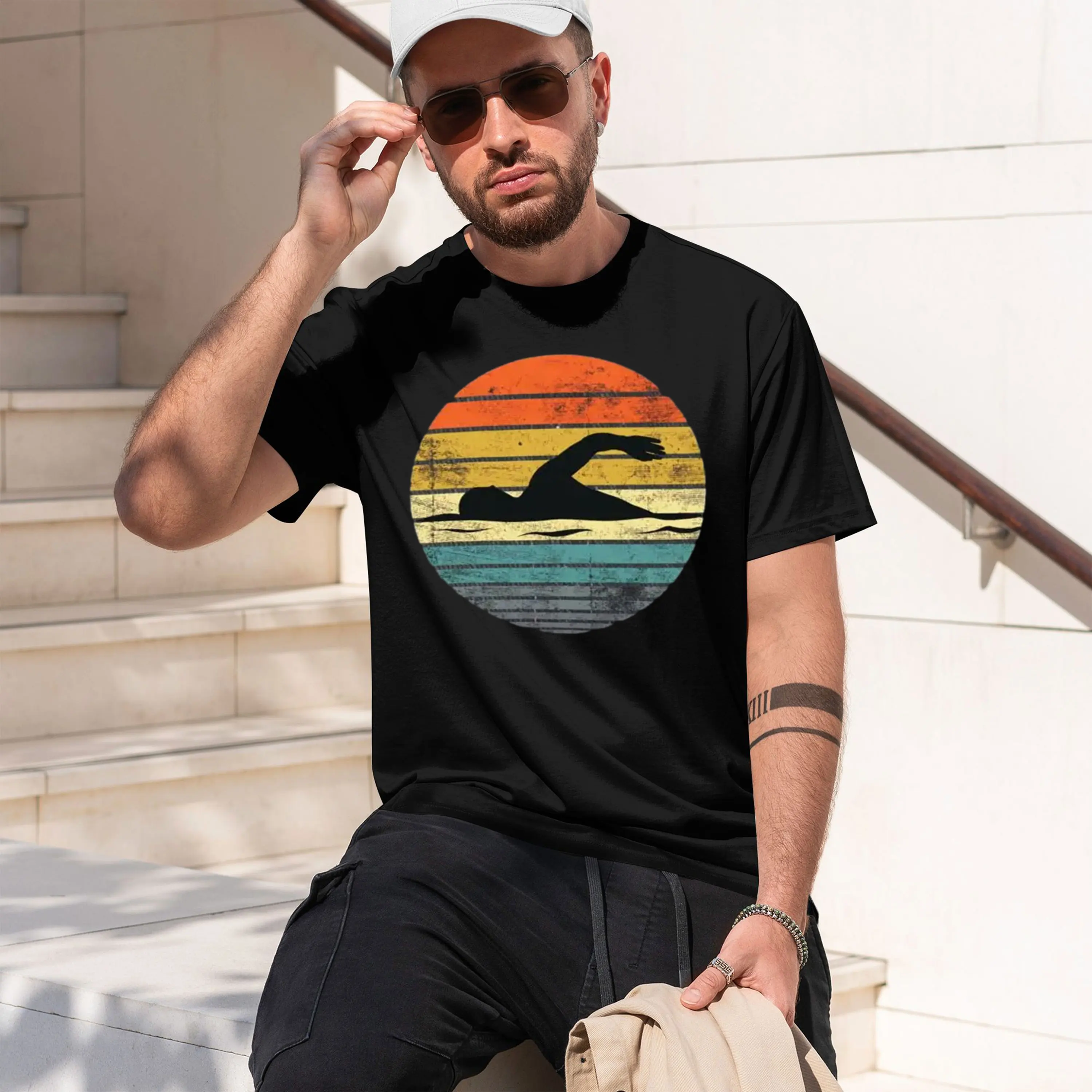 Vintage set Swimmer Silhouette Swimming Graph Baseball Cap Men Women Distred Washed Cap Outor Hat 2026 New Model Men’s Short-sle