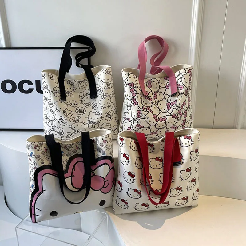 Miniso Hello Kitty Cute Large Canvas Bag Kawaii Girls Students Campus Kt Cat Portable Shopping Bag Joker One-Shoulder Tote Bags