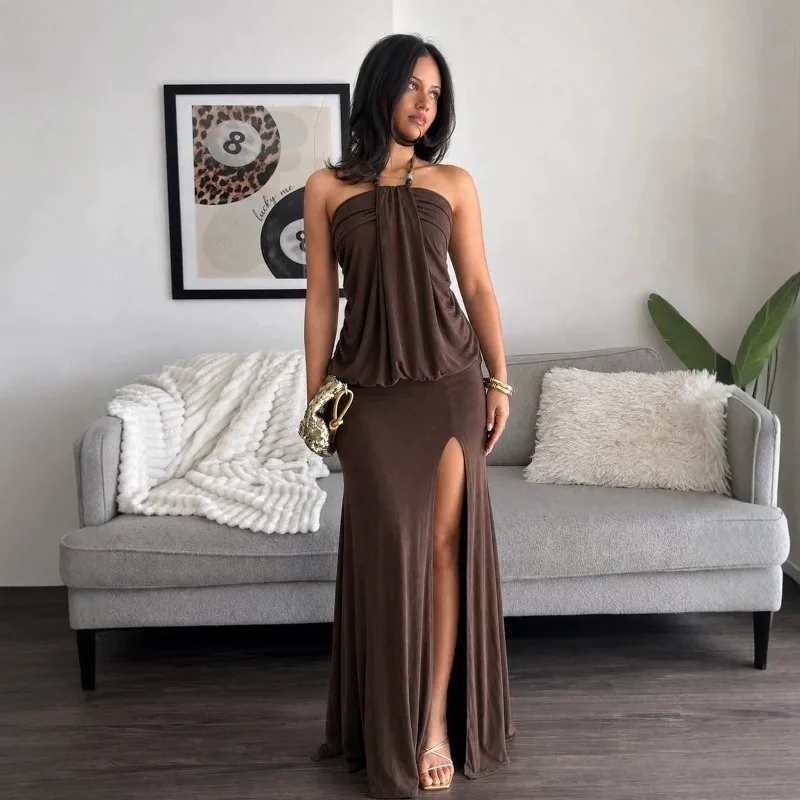 Patchwork Spaghetti Strap Maxi Dress, Tube Top Slim Elegant Long Gown, New Arrival Summer Bodycon Dress For Party Ladies
