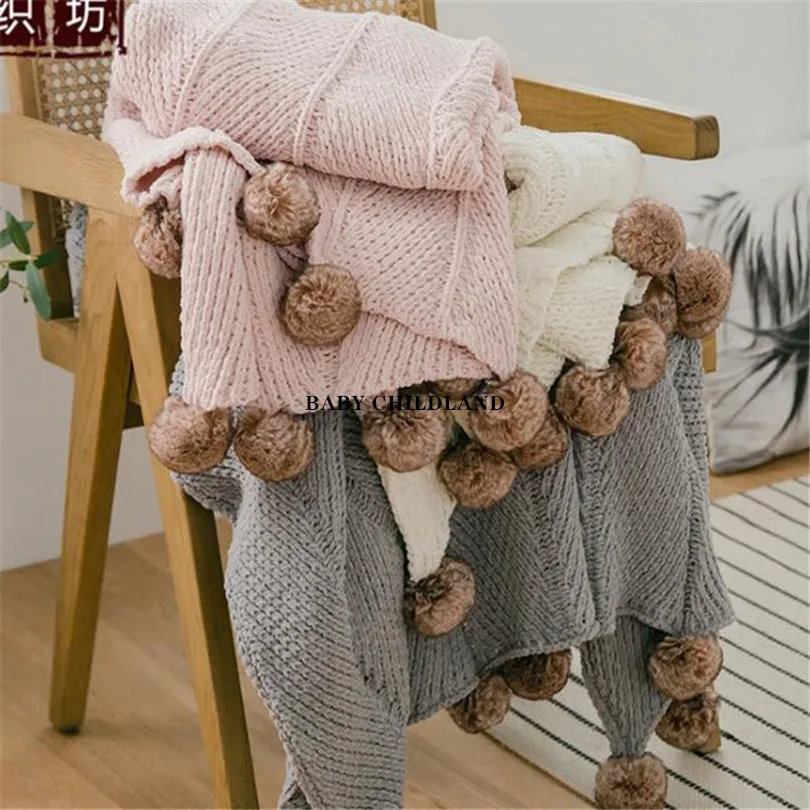 

Knitted Blanket Nordic Style Sofa Throw Blankets Fur Pompom Bedspread Thread Blanket Bedding Quilt Soft Mantas Travel Blankets