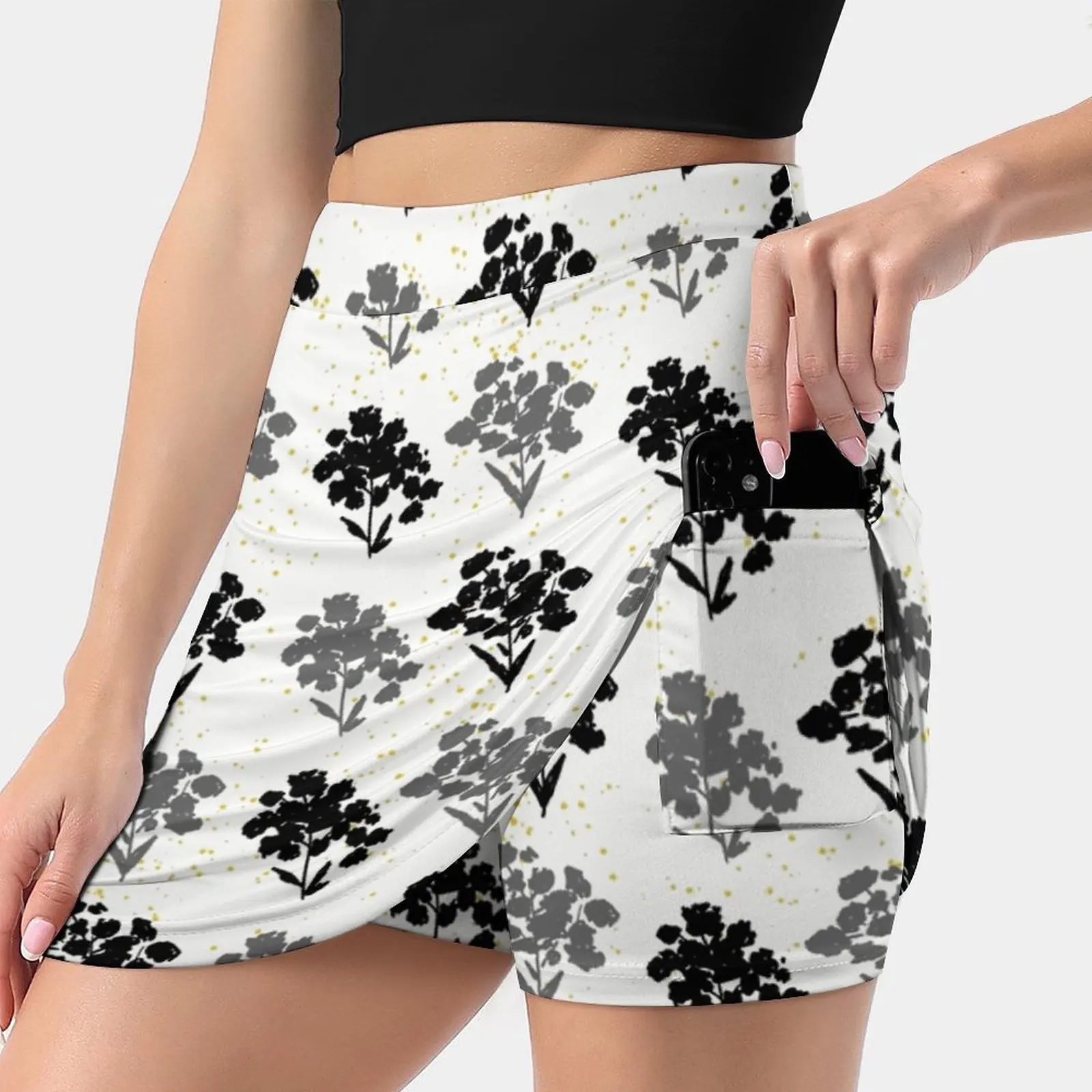 Flowers In Black & Gray With Yellow Dots / Repeat Pattern / Women Sports Skirt Tennis Golf Dance Fitness Running Yoga Skirts