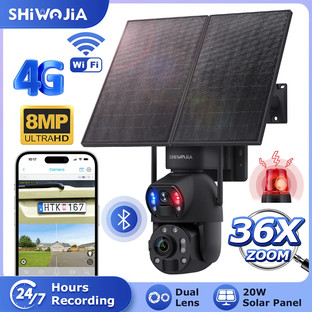 

SHIWOJIA 8MP 36X ZOOM 20W Solar Panel Cameras 4G SIM 20000mAh Battery Camera 360° Outdoor WIFI Dual Lens Recording Humanoid Cam