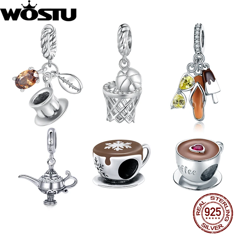 WOSTU 925 Sterling Silver Coffee Hanging Bead Basketball Pendant HOT Leisure Charms Fit Orignal & Bracelet Necklace Jewelry Gift