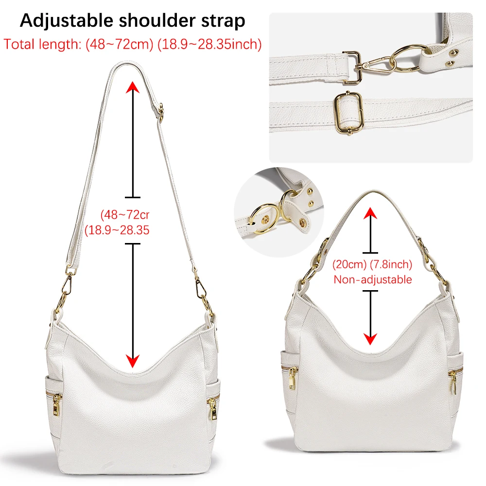 Zency Elegant White 100% Genuine Leather Women Hobo Handbag Shoulder Bag Large Capacity Lady Zipper Crossbody Bags Designer