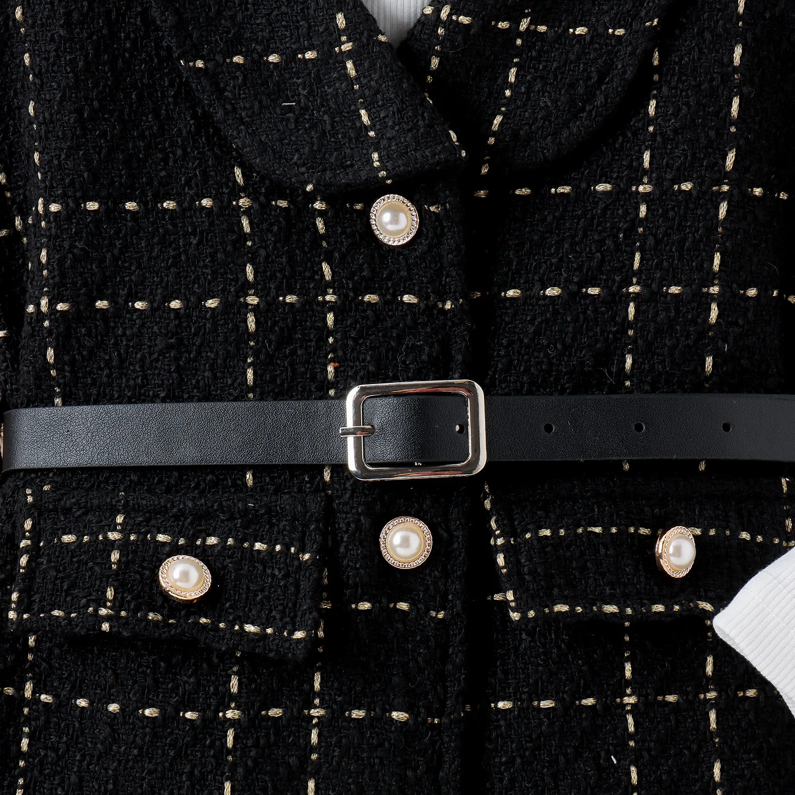 مزاجه أبيض وأسود الأطفال فستان فتاة البدلة المطرزة سترة البدلة عالية الرقبة طويلة الأكمام حزام أسود ثلاث قطع طقم أطفال #6