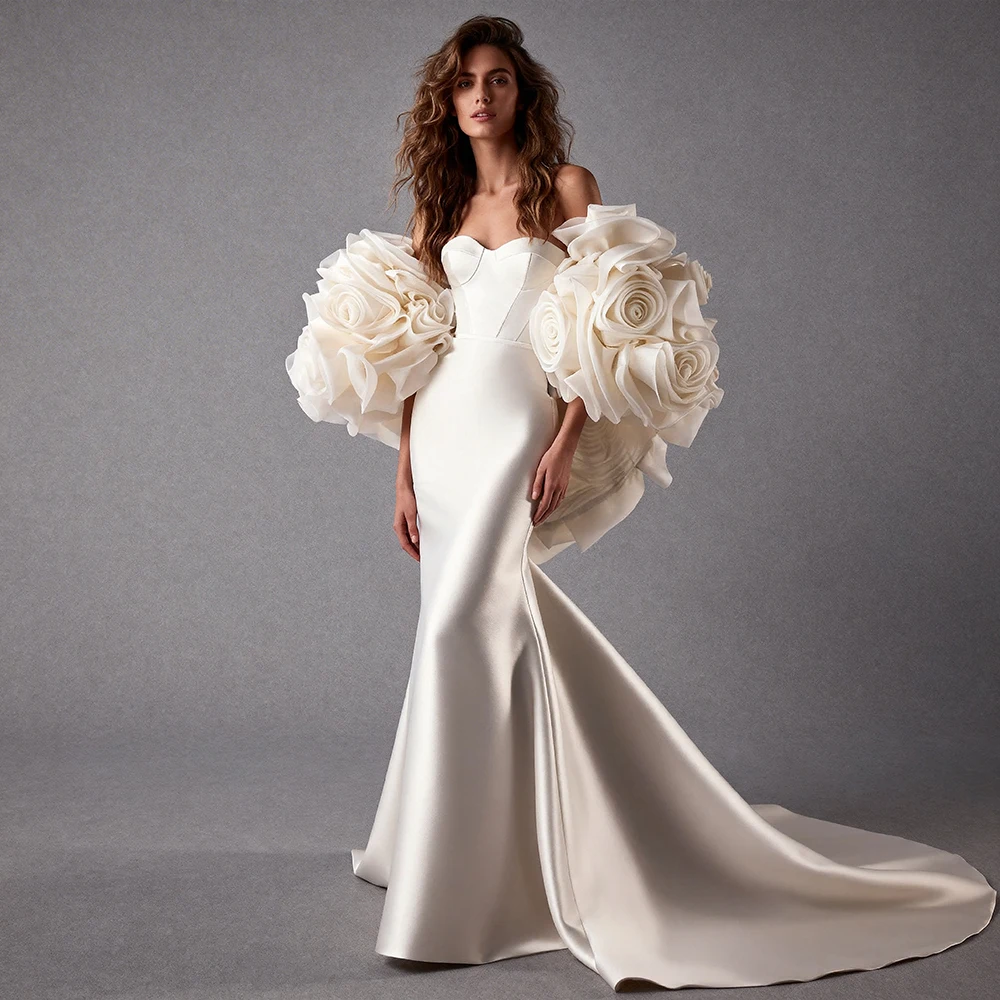 

Sharon Happy Evening Dresses Strapless Satin Mermaid Prom Dress with 3D Floral Bridal Cape Women's Evening Dresses ES63302D