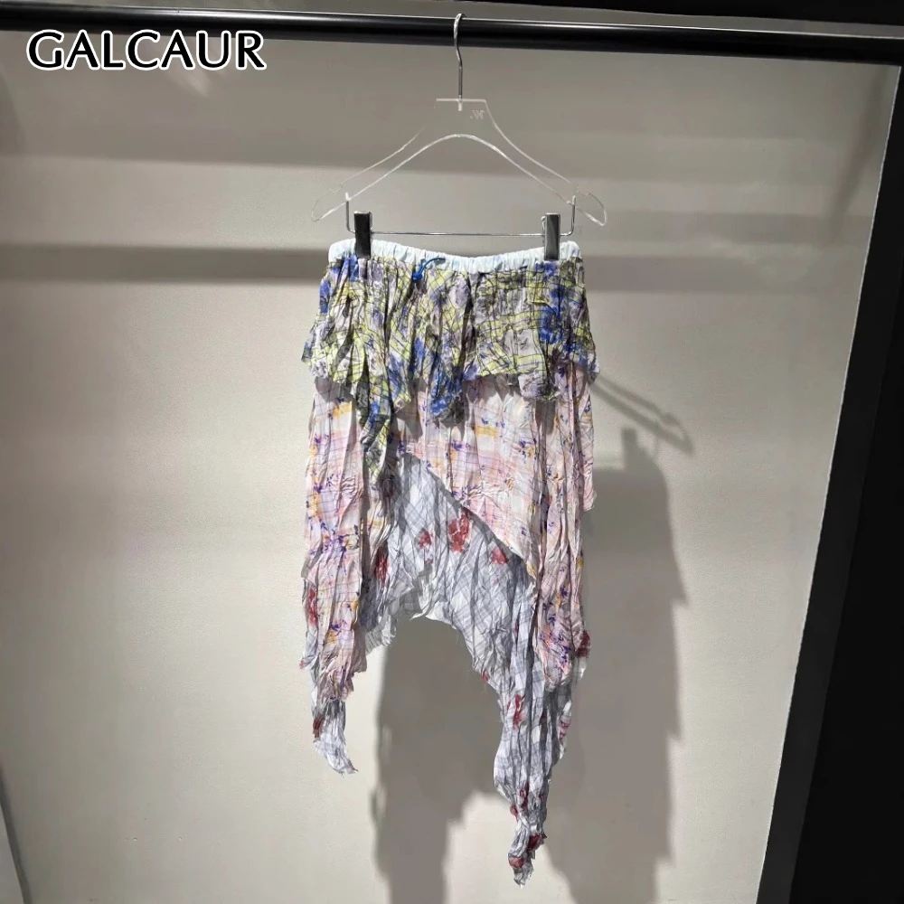

GALCAUR Hit Color Spliced Plaid Women's Skirt High Waisted Design Sense Irregular Hot Girl Midi Skirts Female Summer New Fashion