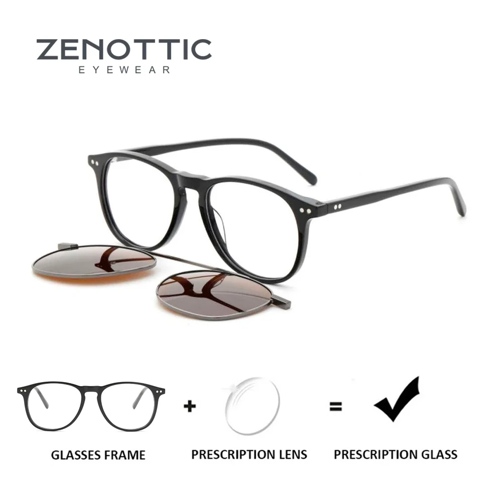 

ZENOTTIC Unisex Clip On Glasses Square Acetate Frame Prescription Lenses Myopia Photochromic