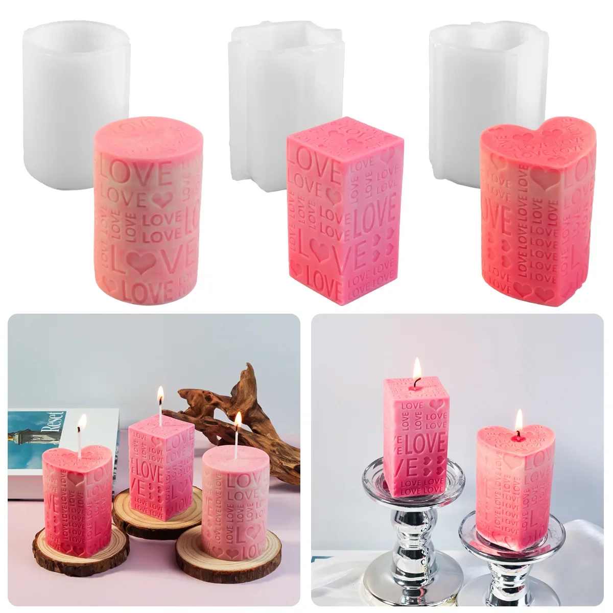 

3pc DIY Heart Square Cylinder LOVE Embossed Candle Mold Valentine's Day Atmosphere Aromatherapy Gypsum Ornament Decoration Mold