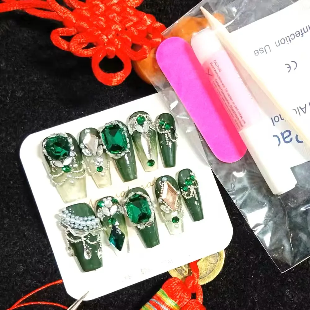 10Pcs High Quality Handmade Press on Nails Small Steel Bead Emerald Elegant and Poised Used for Chinese Style Festive Occasions