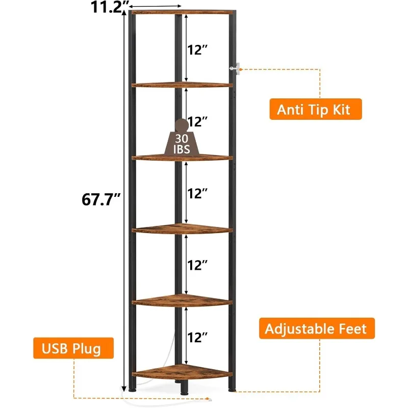 6 Tier Corner Shelf with LED Light, 67.5” Tall Standing Shelf Organizer, Narrow Bookshelf with Storage Rack for Wall Corner,