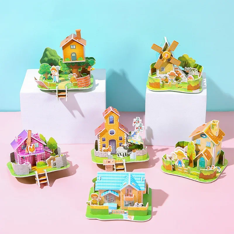 5Pcs Cartoon 3D House Building Model Paper Jigsaw Puzzle Educational Toys for Kids Birthday Party Favors Kindergarten Rewards