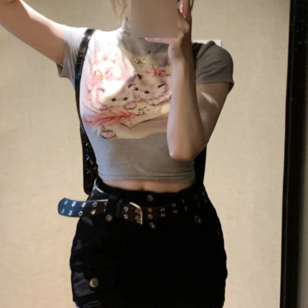 Casual Wear Daily Outfit Cat Print Tee All-match T-shirt Suitable For All Seasons Brand New Item Half Turtleneck Style