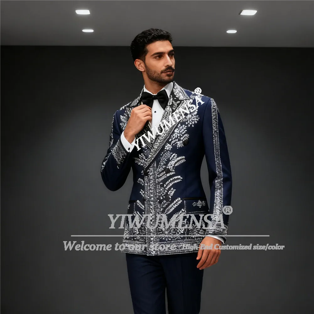 

Роскошные свадебные смокинги для жениха с камнями и бисером, двубортный костюм для мужчин, комплекты из 2 предметов, куртка, брюки, Trajes Para Hombre