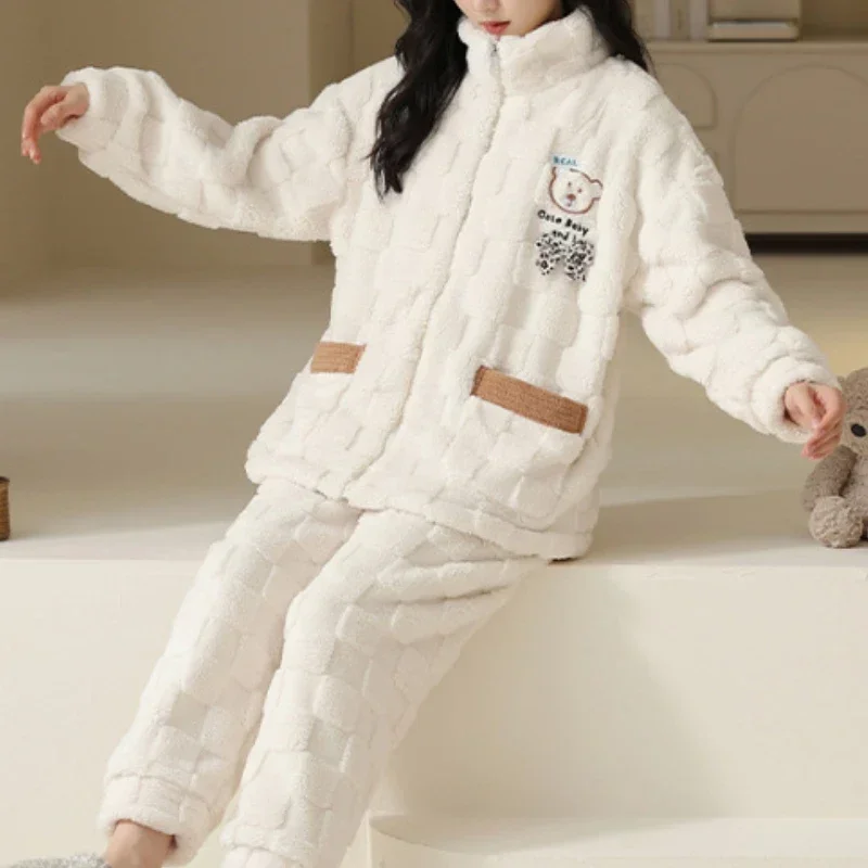 Sleepwear Women's Clothing Suits Winter Thick New Korea Home Soft Simple Comfortable Leisure Slim Loose Fit Premium Warm Sweet