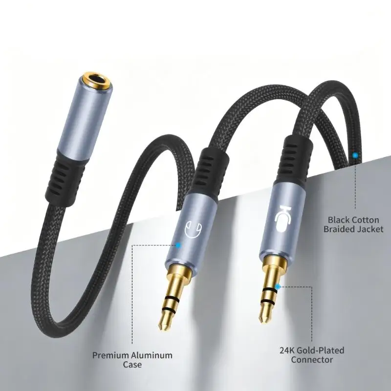 Braided 3.5Mm Headsets Microphones Splitter Cable for PC and Laptop Port F19E