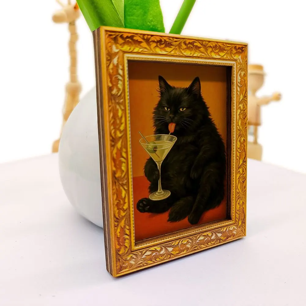 Lustiger Cocktail-Katzen-Kühlschrankmagnet, Retro Martini-Liebende Schwarze Katze Kunst, Holzgerahmter Magnet für Küche, Zuhause & Einzigartige Geschenke – Detail 1