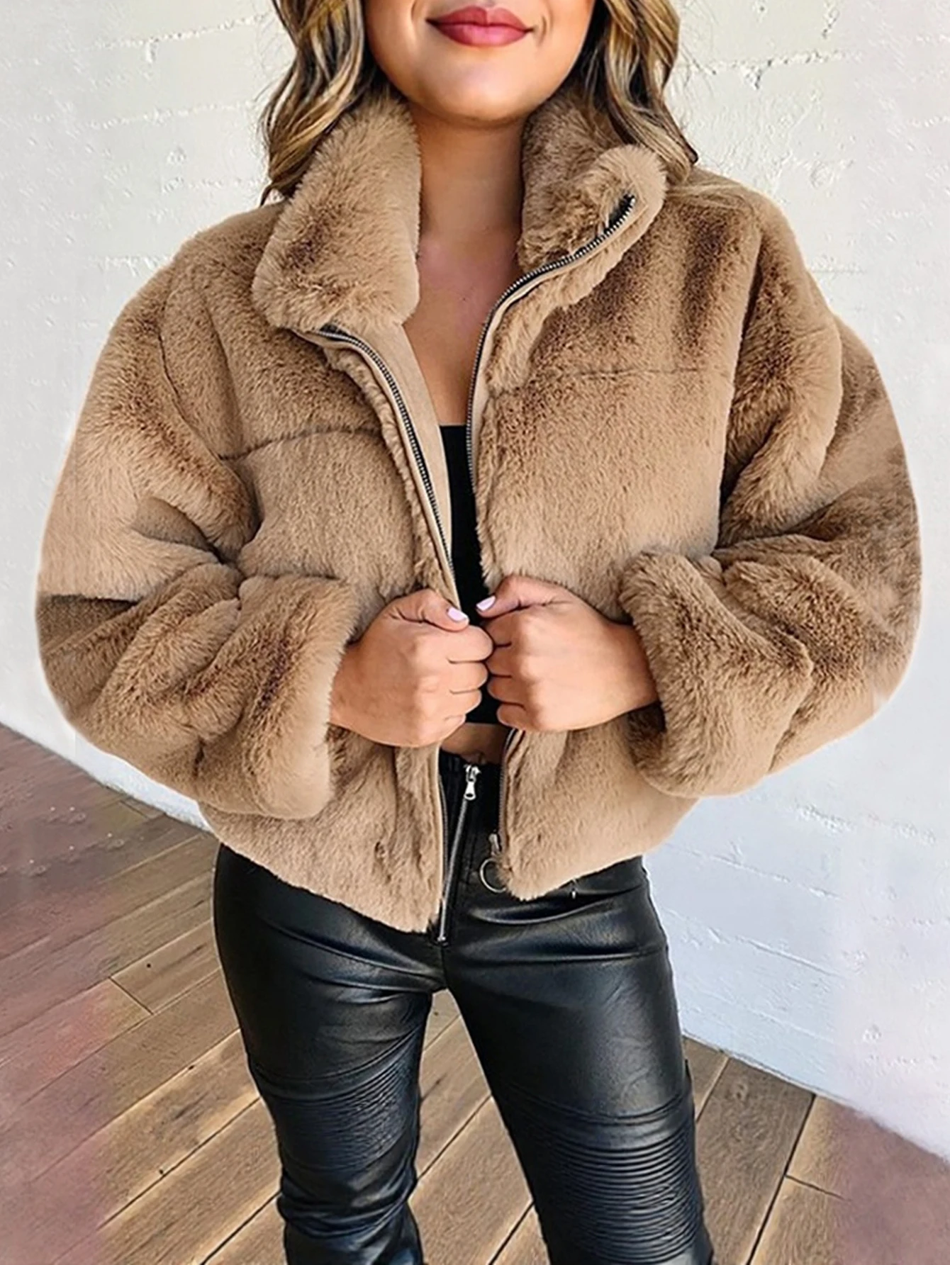 

Женское пальто с длинными рукавами и лацканами, осенне-зимнее модное удобное пальто на молнии с открытой передней частью, повседневное теплое однотонное пуховое пальто