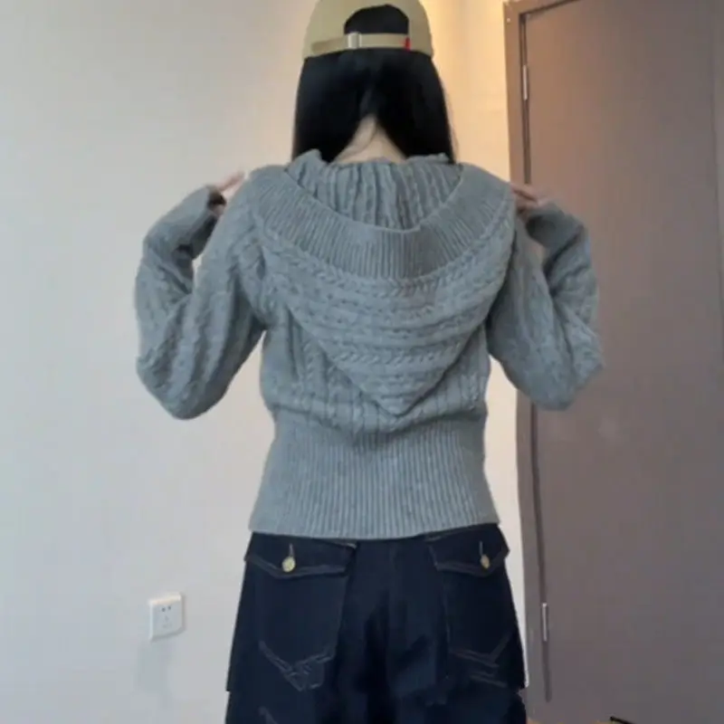 

Gentle Wind Twisted Knit Hoodie Cardigan for Women, Autumn and Winter Lazy Zipper Sweater Jacket, Waist-Cinching Short Top