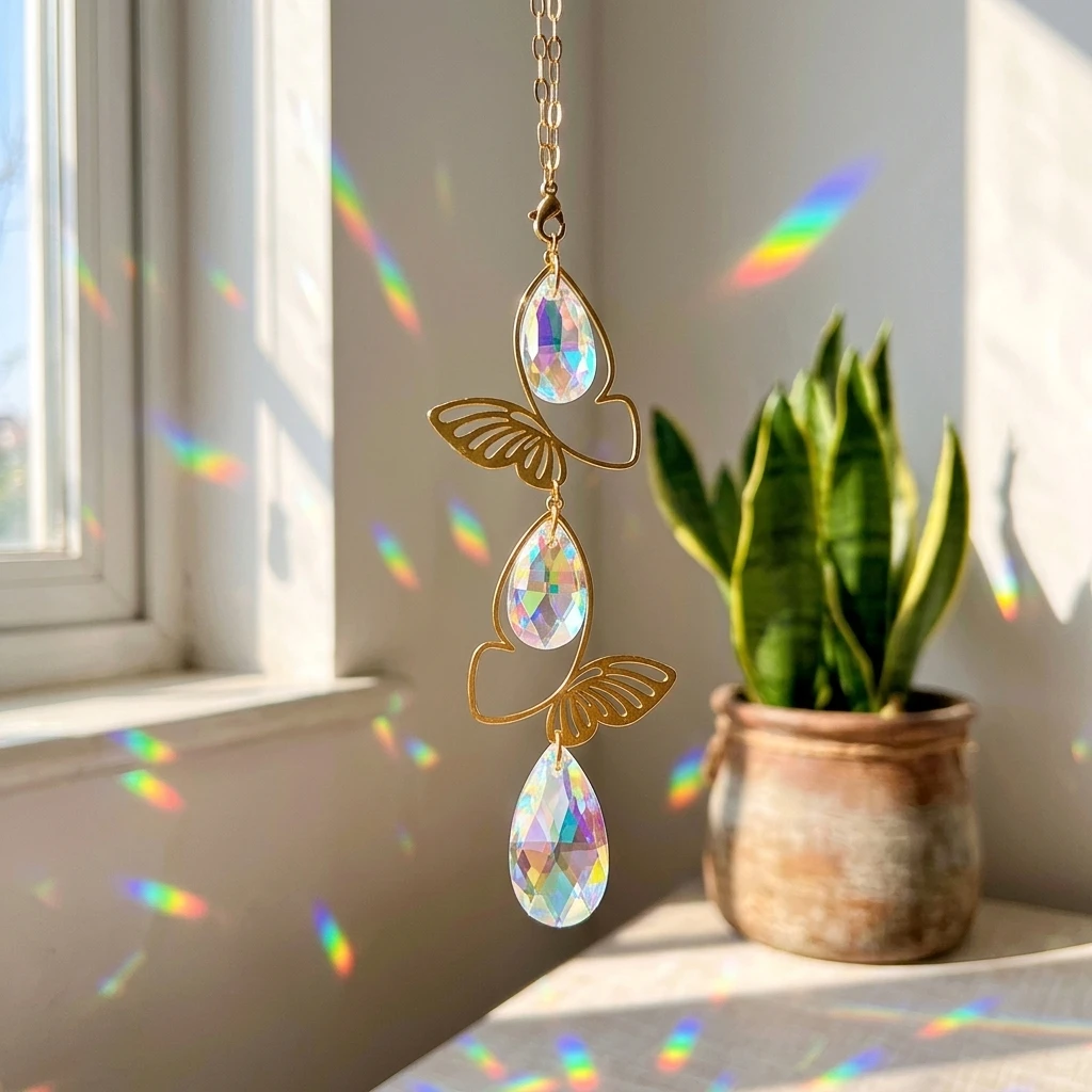 Crystal Sun Catcher Hanging Prism with Golden Butterfly, Rainbow Light Refraction, Durable Window and Garden Decor Gift for Home