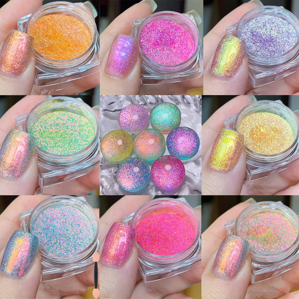 8 Colors Multichrome Chameleon Diamond Nail Glitter Powder Ultra-Fine Dust Aurora Opal Eye Shadow Nail Pigment with Sponge Brush