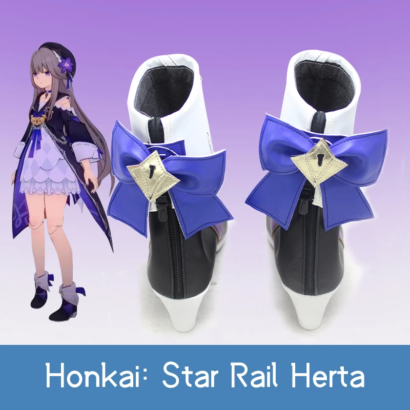 New! Herta Cosplay Lapel collar blue bow tie Shoes Game Star Rail lovely customize Mid-calf boots