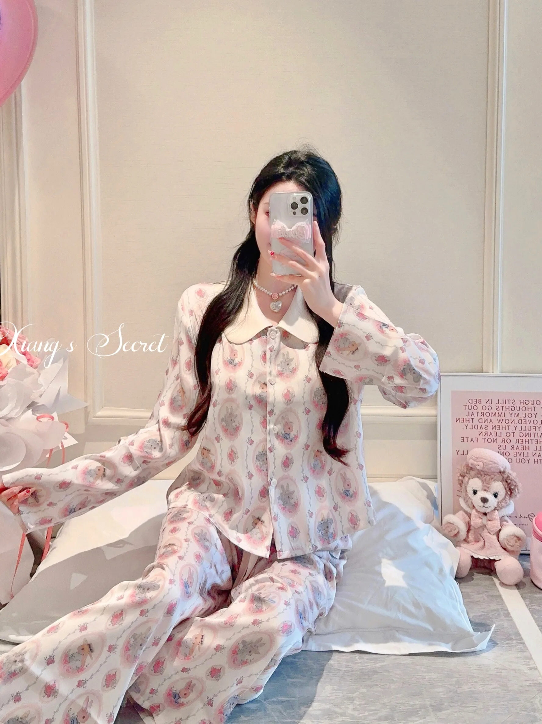 Japanese Sweet Girl Original Doll Collar Long-sleeved Ice Silk Loungewear Casual Cartoon Doll Feeling Cool Breathable Pajama Set
