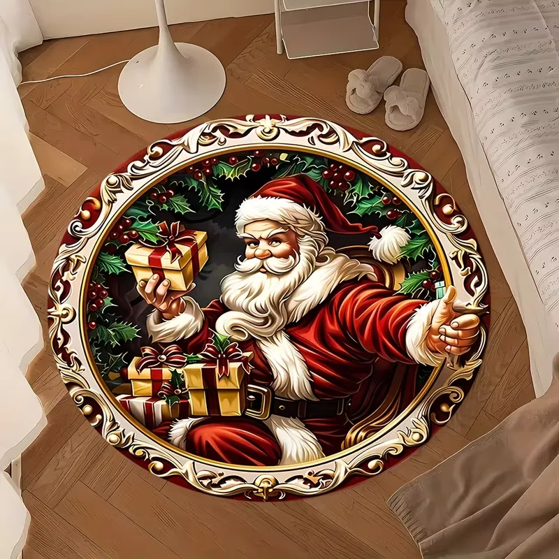 Round Vintage Santa Claus Gift Box Area Rug Holly Berry Frame Xmas Pattern Decor Carpet For Bedroom Living Room