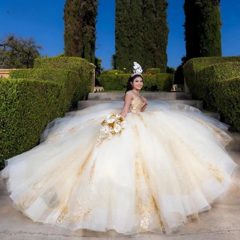 Vestido De Baile De Cristal Dourado, Vestidos Quinceanera, Fora Do Ombro Apliques, Espartilho De Renda, 15 Anos